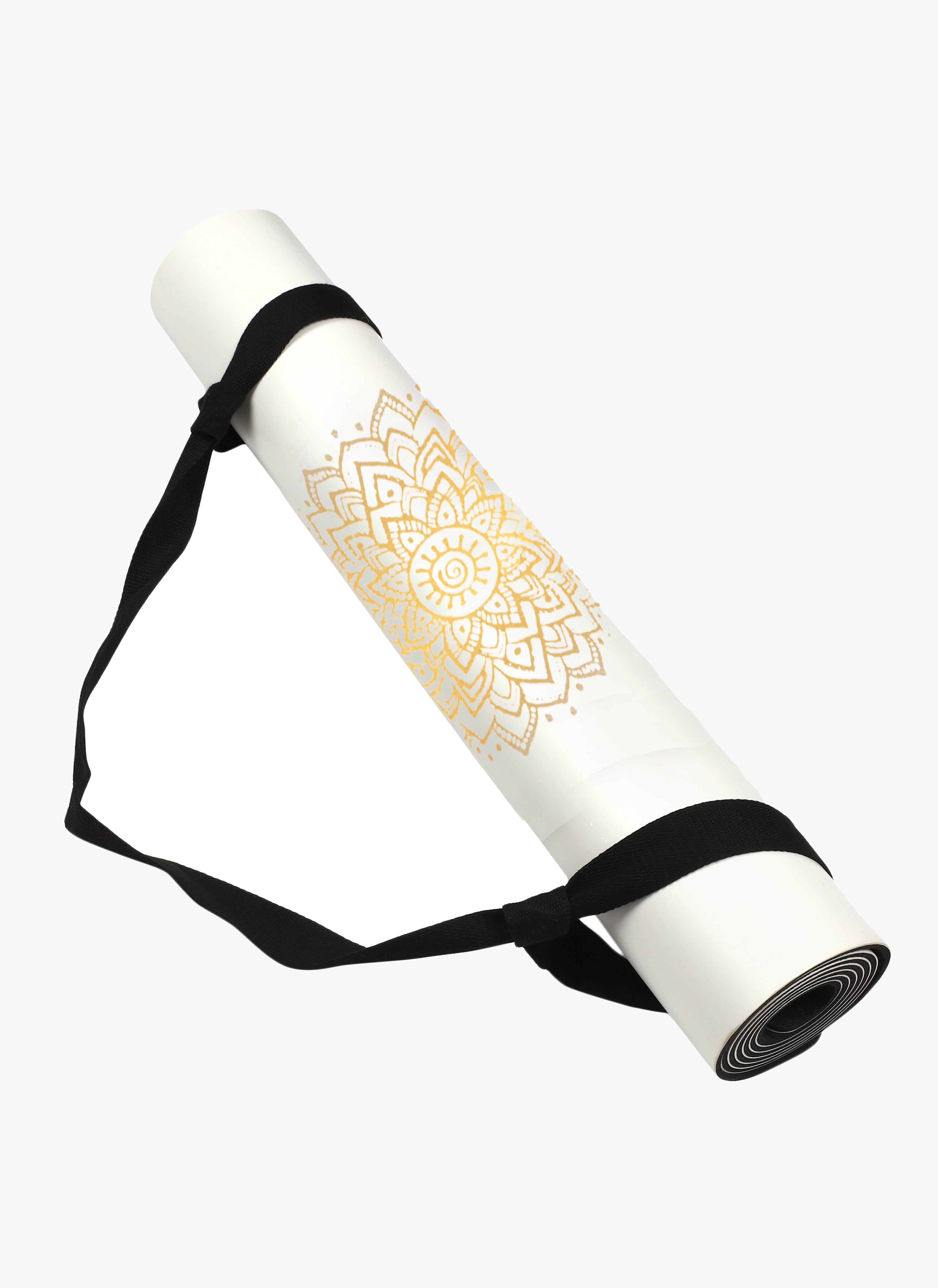 Shakti Warrior Chakra Recycled PU Yoga Mat - Radiant gold chakra design on white surface, luxurious texture, high-density composition for joint support. Eco-friendly, non-slip, perfect for regular and hot yoga.