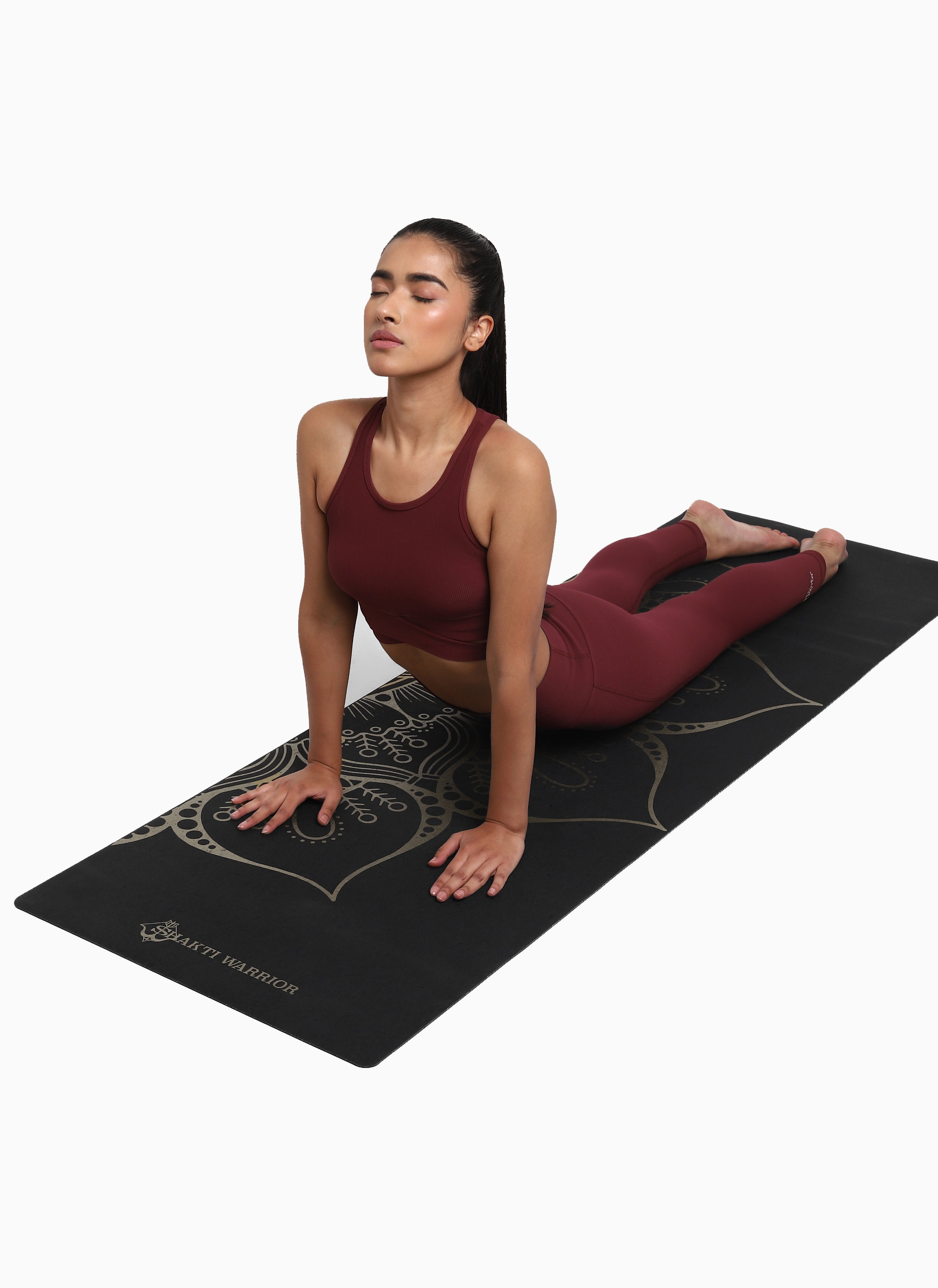 Shakti Warrior Black Lotus Recycled PU Yoga Mat - Enigmatic lotus design on black surface, wider dimension for enhanced stability. Eco-friendly, perfect for regular and hot yoga.
