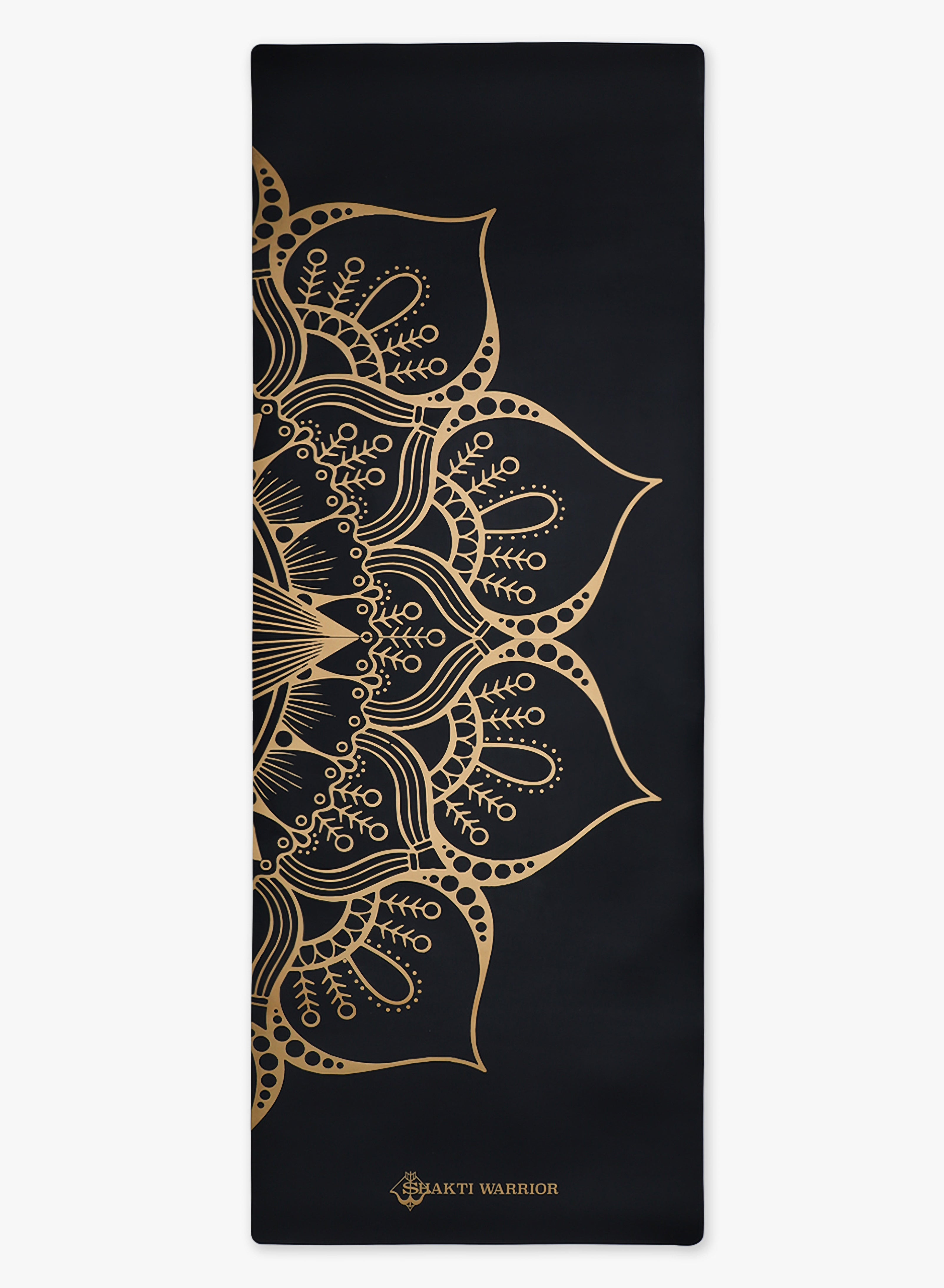 Shakti Warrior Black Lotus Recycled PU Yoga Mat - Enigmatic lotus design on black surface, wider dimension for enhanced stability. Eco-friendly, perfect for regular and hot yoga.